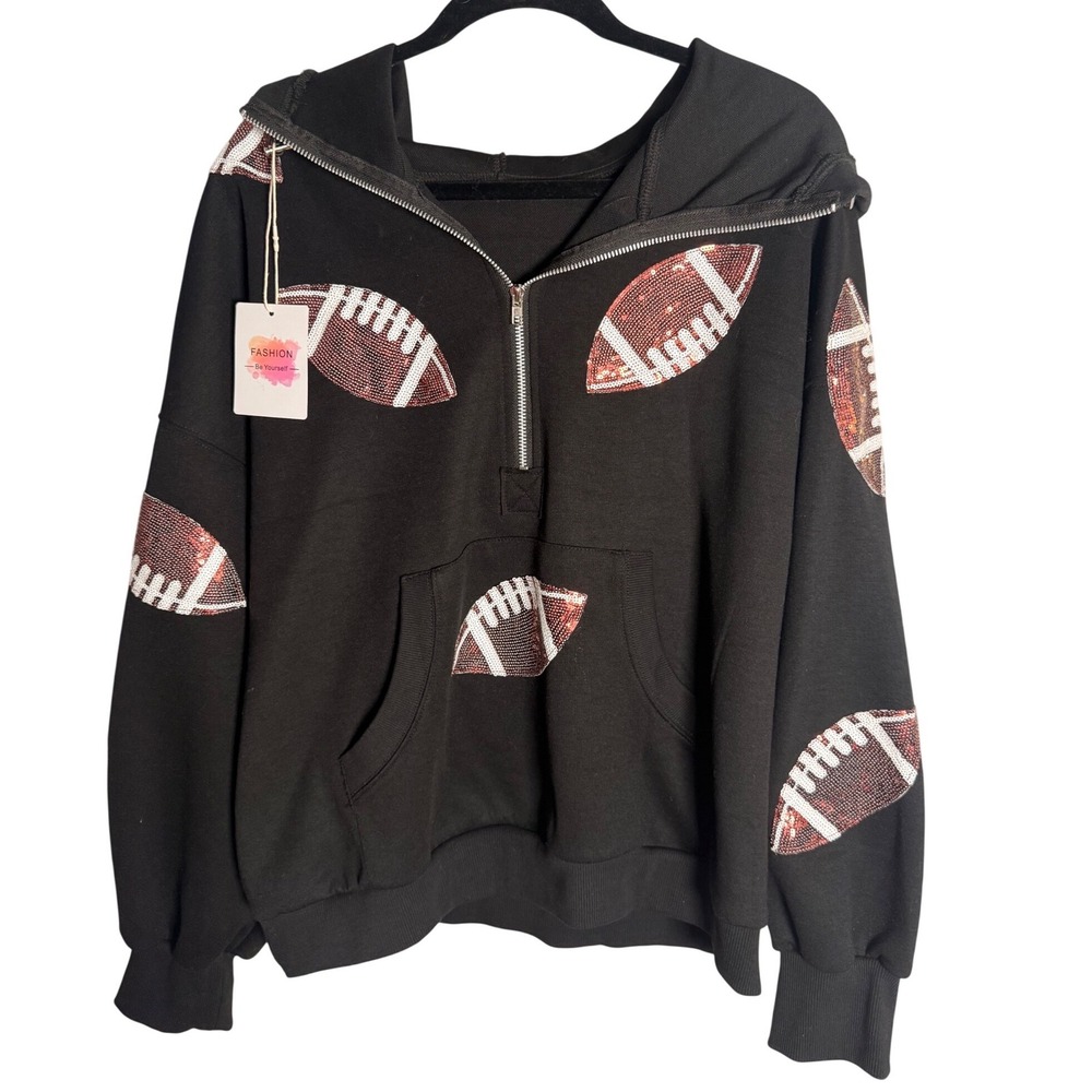 NWT Football Sequin Hoodie Women L Black Cotton Blend 1/4 Zip Game Day Team